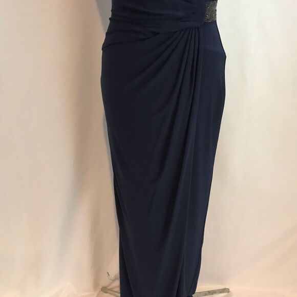 Lauren Ralph Lauren Jersey Gown Size 4 Navy Blue Rhinestone Embellishment V-Neck - Picture 12 of 16